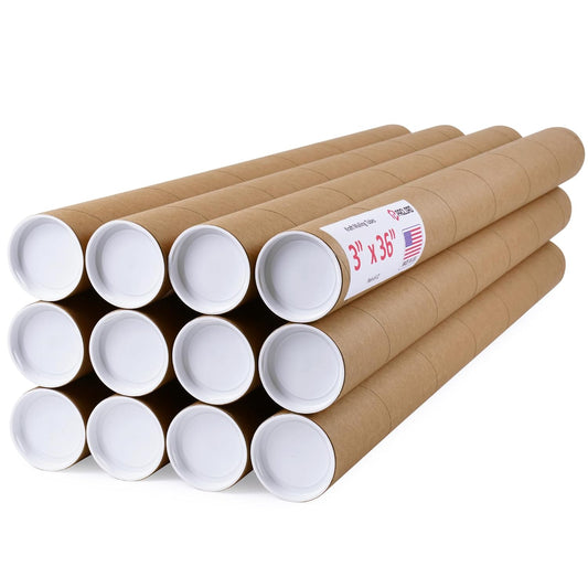 3" x 36" Reinforced Kraft Paper Mailing Tubes, Pack of 12 Tubes with 2 Caps Each – USPS Approved Poster Tube – Made in USA Cardboard Tube for Shipping and Storing Posters, Prints, Artwork, Documents