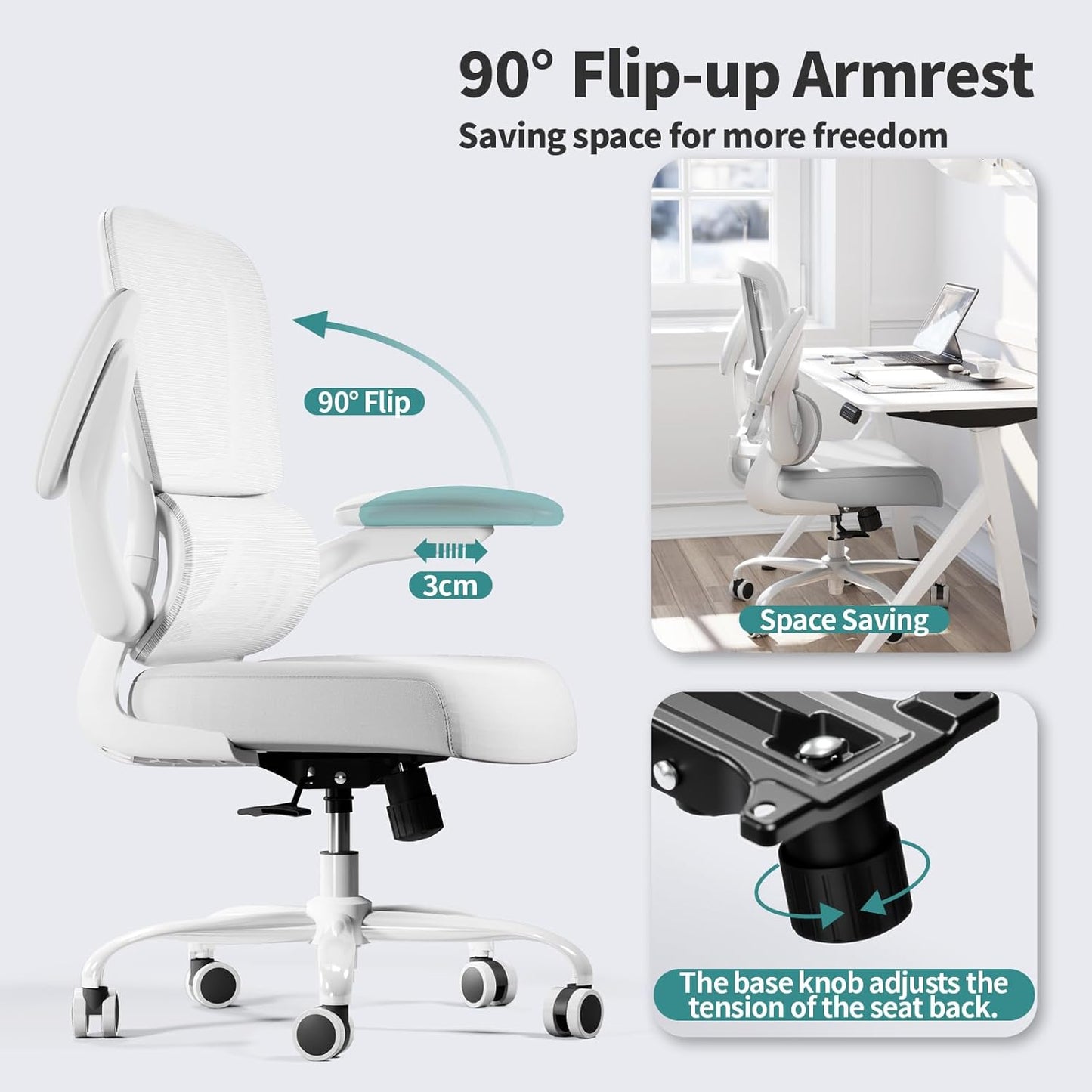 Office Chair - Ergonomic Desk Chair with Adjustable Lumbar Support, Mesh Computer Chair, Executive Chair for Home Office Comfortable Lumbar Support (White White)