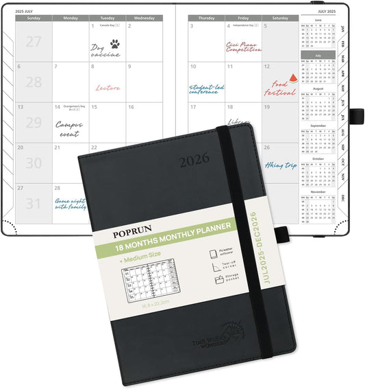 POPRUN Monthly Planner 2025-2026 (Medium- 6.5'' x 8.5'' Soft Cover), 18-Month Calendar Book (Jul.2025-Dec.2026), Calendar Planner with Monthly Tabs & Pocket, 100 GSM Paper - Black