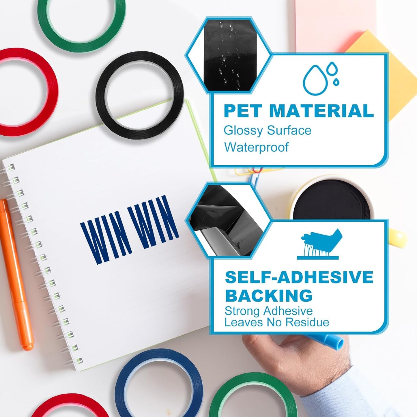 MECCANIXITY Whiteboard Tape 5/8" x 72 Yard Pinstripe Graphic Chart Line Grid Marking Tapes for Classroom Office Dry Erase Board Art, Black, Pack of 3