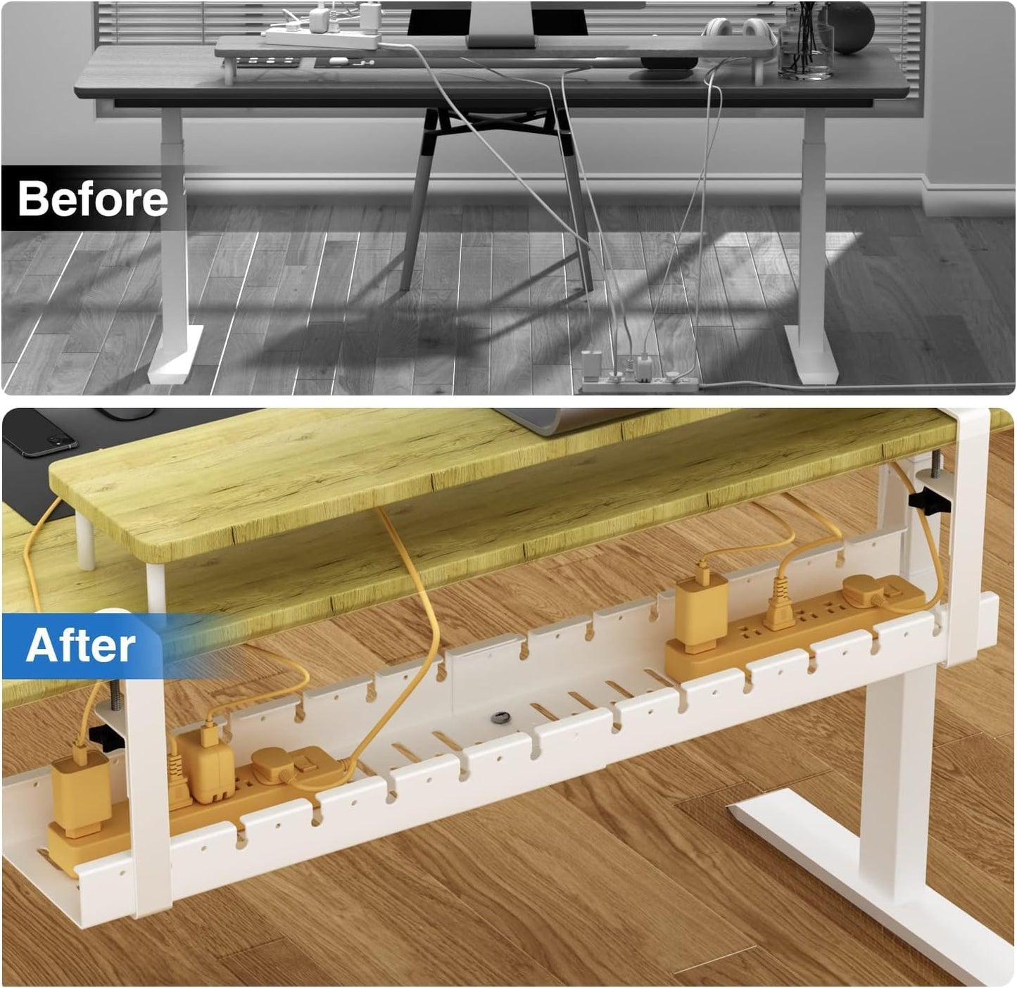 No Drilling Under Desk Cable Management, Metal Cable Management Tray Under Desk with Clamp, Retractable Power Strip Cord Holder for Wire Management 31Inch (2 Pack White)