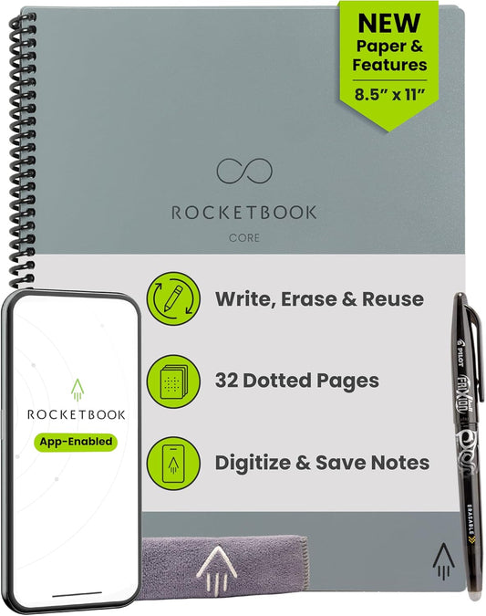 Rocketbook New Core Reusable Spiral Notebook, Letter Size 8.5x11, Gray - Dotted Pages, App-Connected, Erasable, Durable Cover, Ideal for School, Work, and Creative Projects