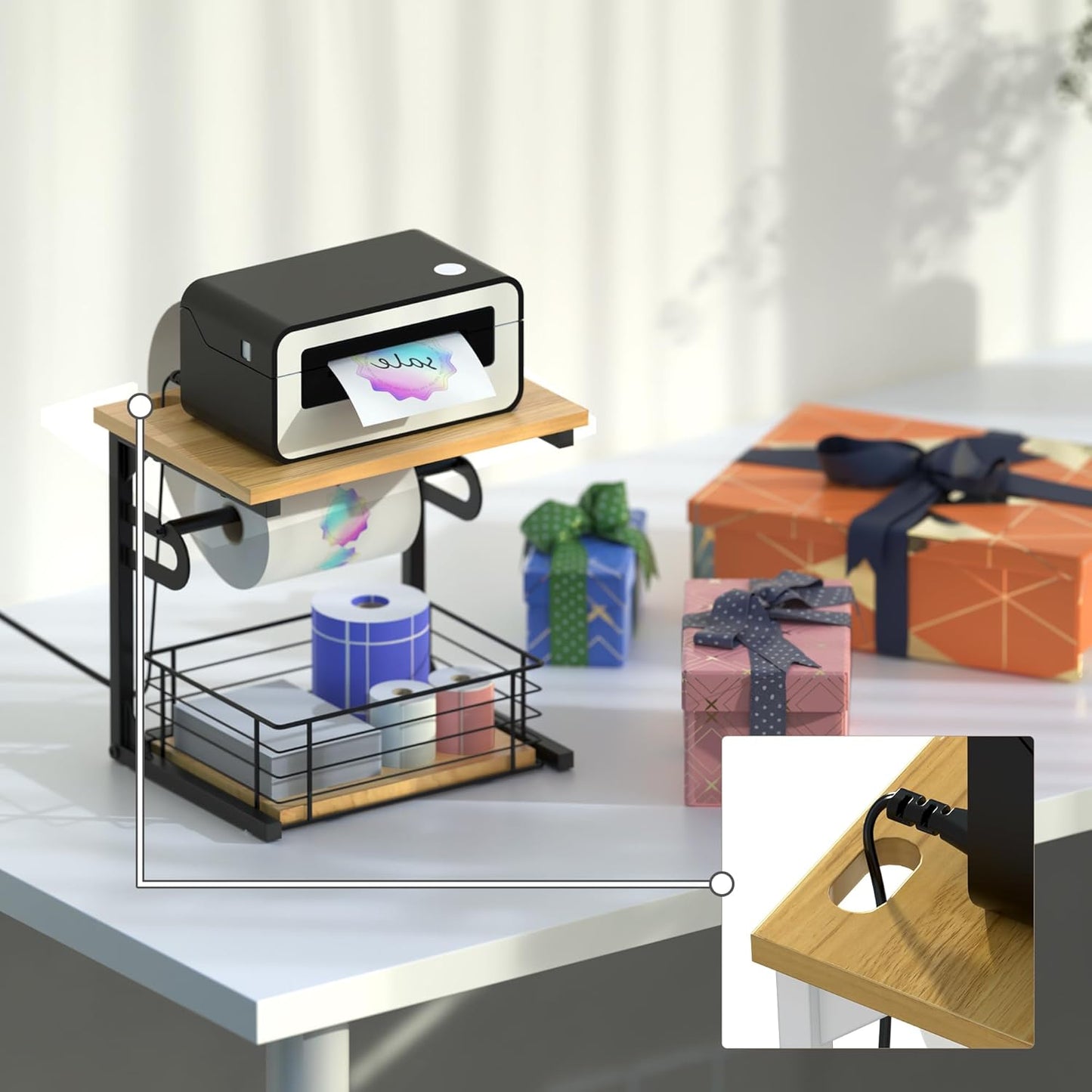 Label Holder for Rolls and Fan-Fold Labels, Wooden Thermal Sticker Roll Holder for Desktop Thermal Label Printer, Solid Shipping Label Holder & Desktop Label Printer Accessory Supplies for Home,Office