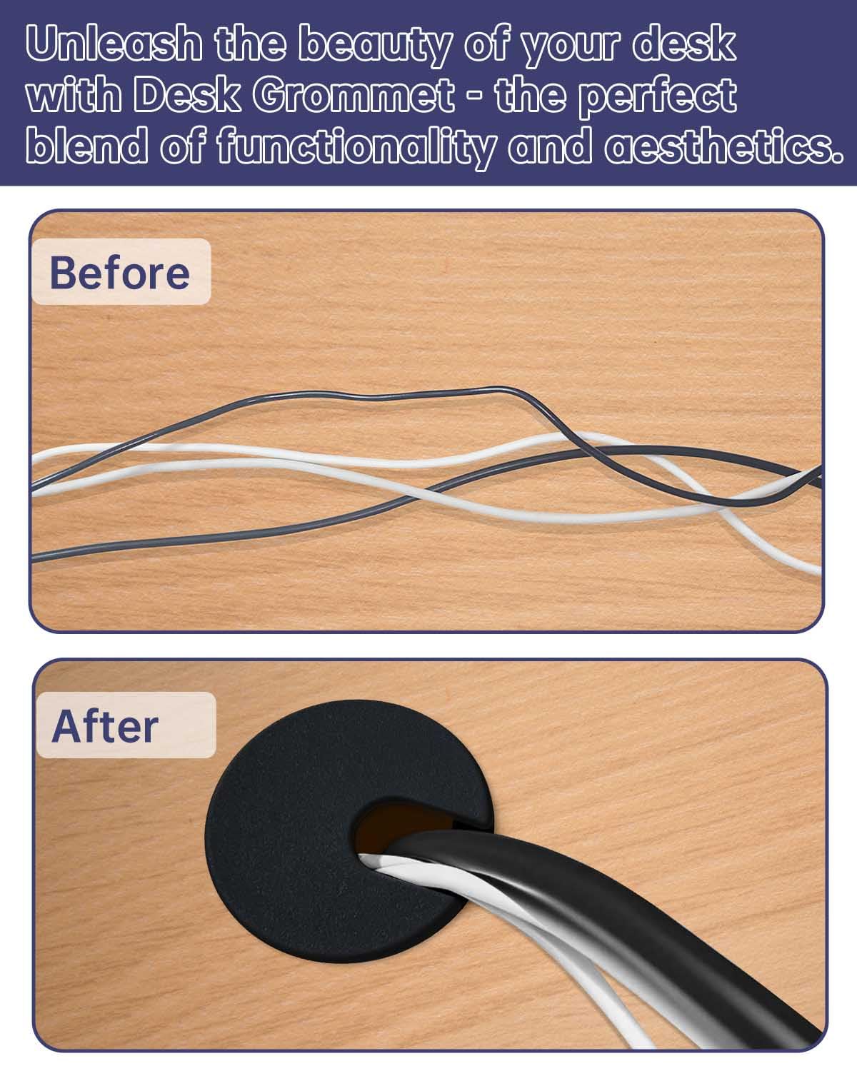 Desk Grommet & Cable Grommet 1-3/8 Inch (10 Pack) - Black Cord Hole Cover with Hole Cutter - Cable Management Kit for Office Desk, TV Stand, Workstation - Hide Wires Behind Wall, Cable Pass Through