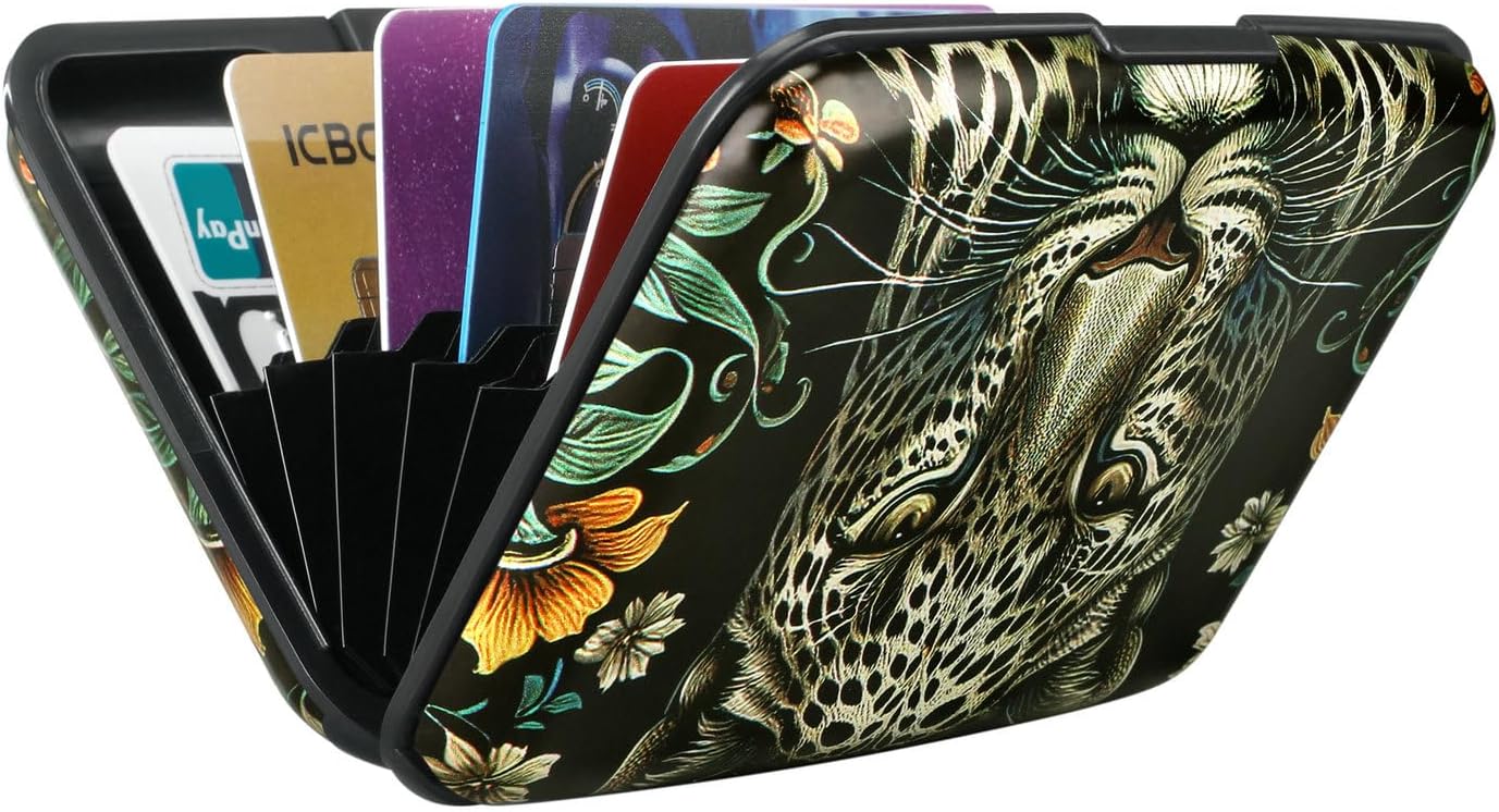 ELFISH Mini RFID Aluminum Wallet Credit Cards Holder Business Card Case Metal ID Case for Men Women(Black Leopard)