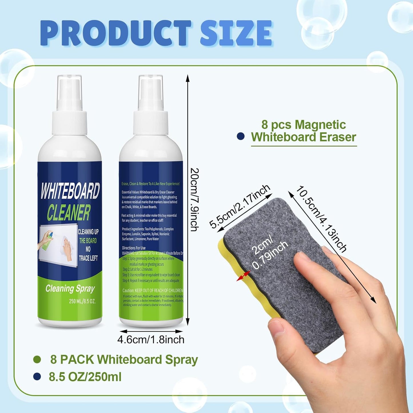 16 Pcs Dry Erase Whiteboard Cleaner Set, 8.5 fl oz Whiteboard Cleaning Spray Dry Erase Board Liquid Cleaner with 8 Magnetic Chalkboard Board Erasers for Classroom Home Office