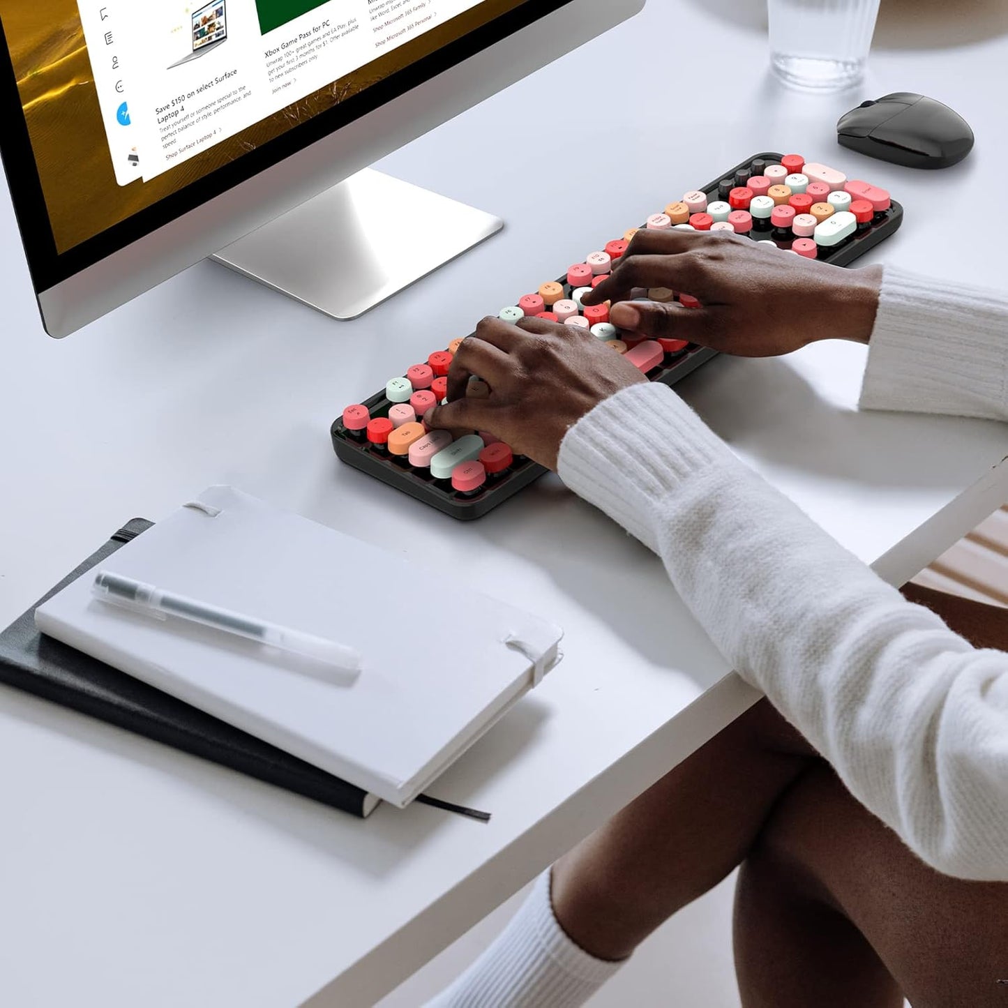 Wireless Keyboard and Mouse Combo, MOWUX Colorful Computer Full Size 2.4G Plug and Play Wireless Typewriter Keyboard and Mouse Set for Windows, Computer, Desktop, PC, Notebook (Black Colorful)