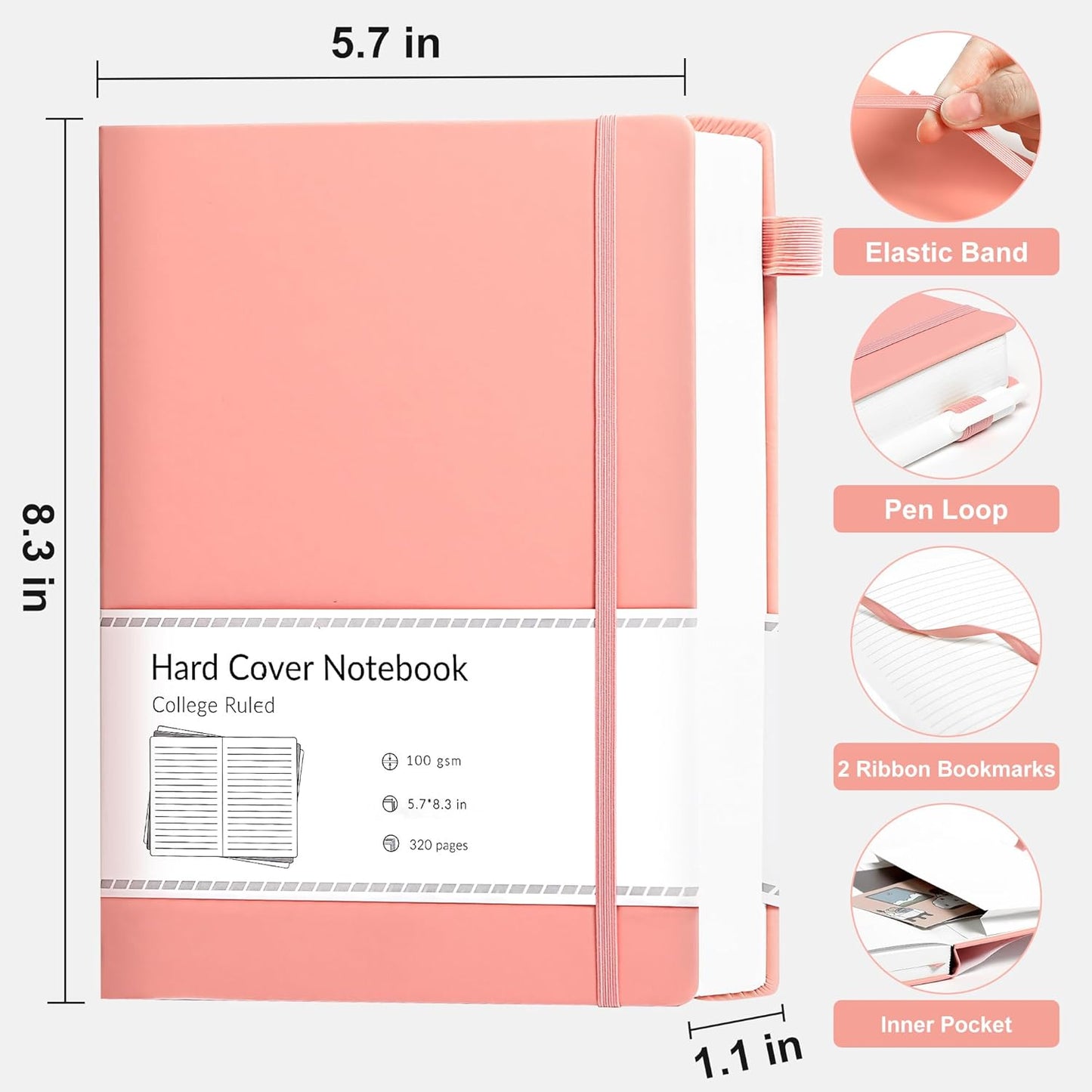 CAGIE Pink Journal Notebook for Women, 320 Pages College Ruled Notebook, 100 Gsm Paper Thick Lined Journal, A5 Hardcover Leather Journals for Writing, 5.7x8.3 In