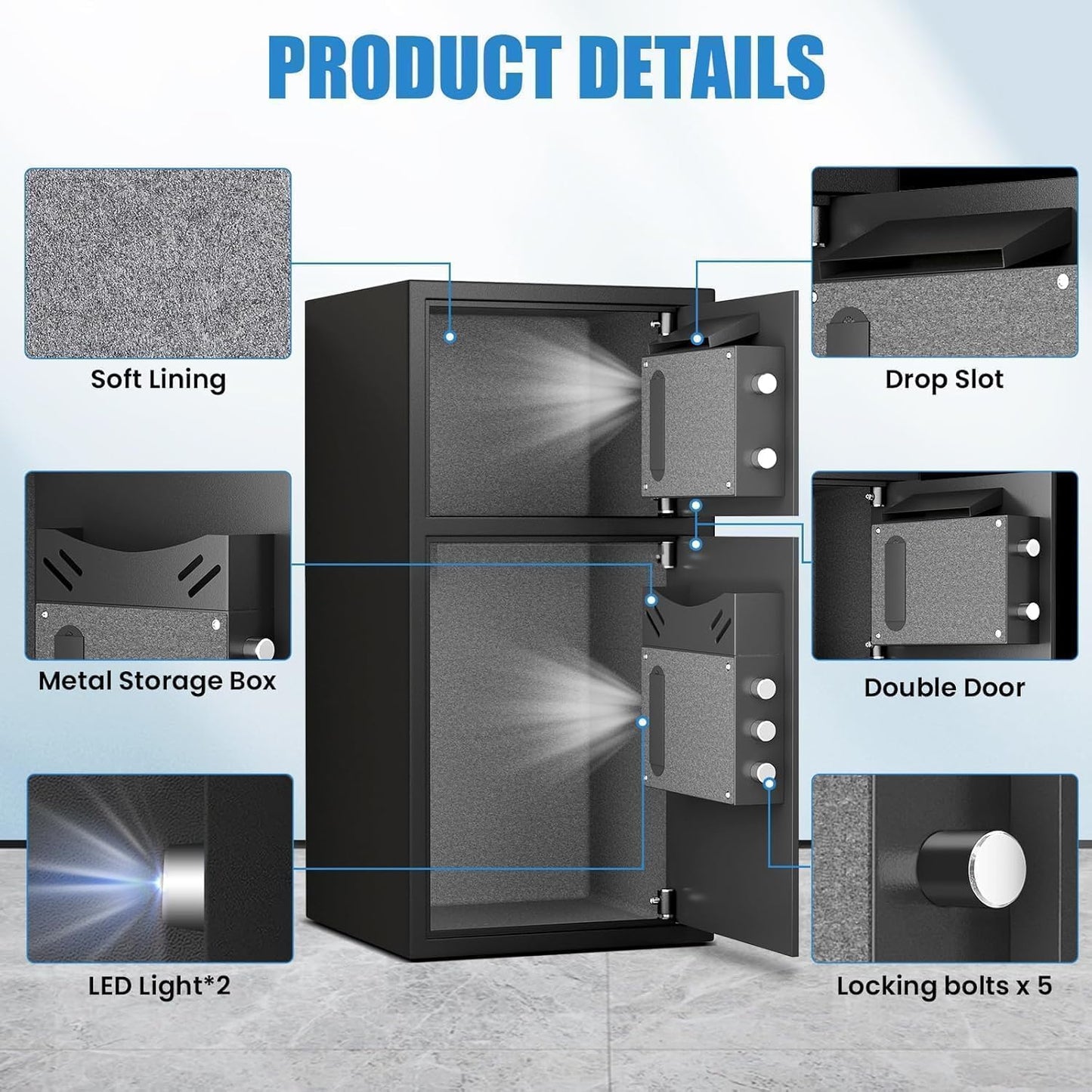 6.0 Cu ft Large Safe Box Fireproof Waterproof, Money Safe With Mute Function and LED Light, Digital Keypad Home Safes with Deposit Slot & Dual Alarm System,Security Box for Money Valuables