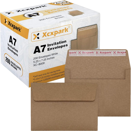 200 Qty Printable A7 Invitation Envelopes 5.25 x 7.25, Self Seal 120GSM Brown Kraft Paper Envelopes for Invitations, Papers, Photos, Documents, Wedding, Baby Shower, Easy to Seal