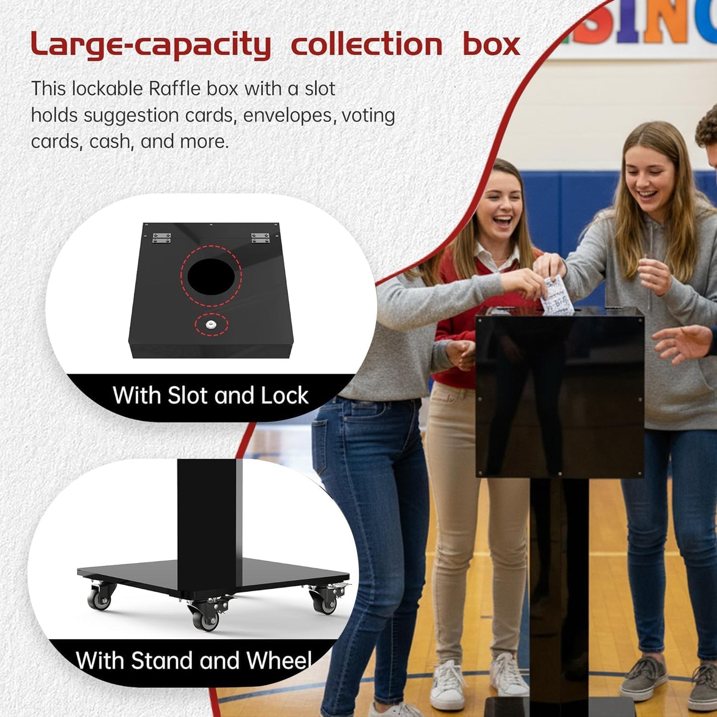 Extra Large Acrylic Raffle Box with Mobile Base & Locking Casters, 39.6" Tall, 13.8" Cube, Thickened Ticket Box with Lock for Lottery Games, Bingo, Raffle Balls