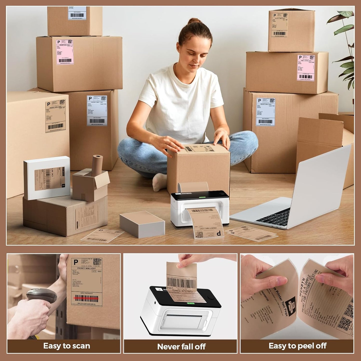 MUNBYN Brown 4"x6" Direct Thermal Shipping Labels, Commercial Grade Permanent Adhesive Fanfold Mailing Postage Label Paper for Thermal Printers and Packages, 220 Sheets per Stack