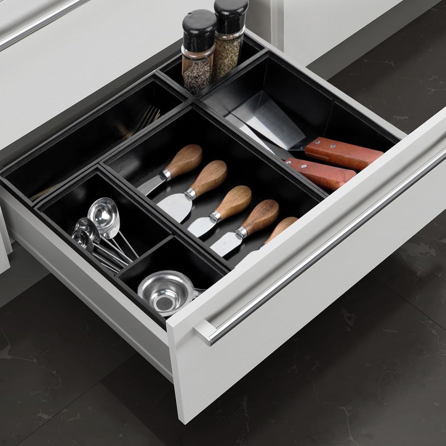 Bamboo Drawer Organizer, 5-Piece Silverware & Kitchen Organizer Set with Removable Dividers for Kitchen, Utensils, Bathroom, Office, Makeup (Black)