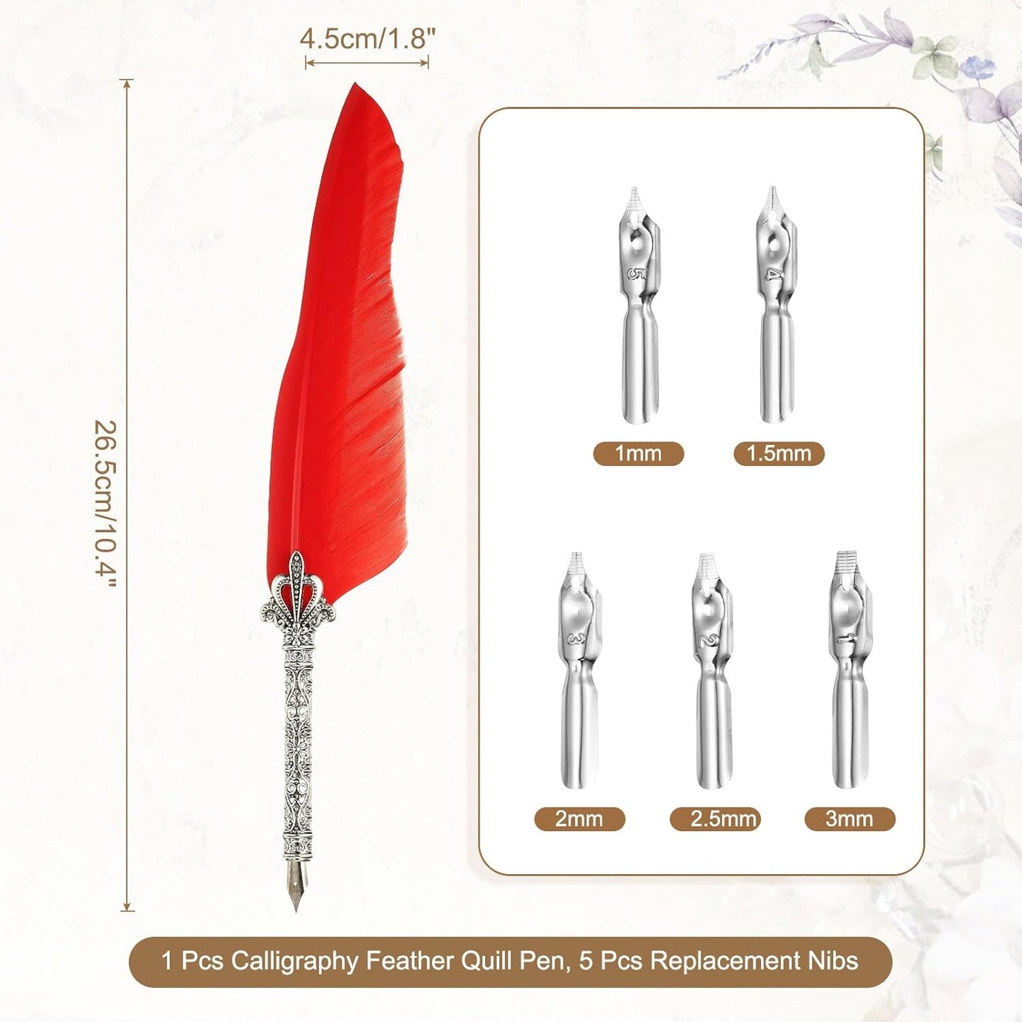 PATIKIL 26.5cm/10.4" Calligraphy Feather Quill Pen, Vintage Feather Dip Pen with 5 Replacement Nibs for Calligraphy Writing Wedding Office Gifts, Red
