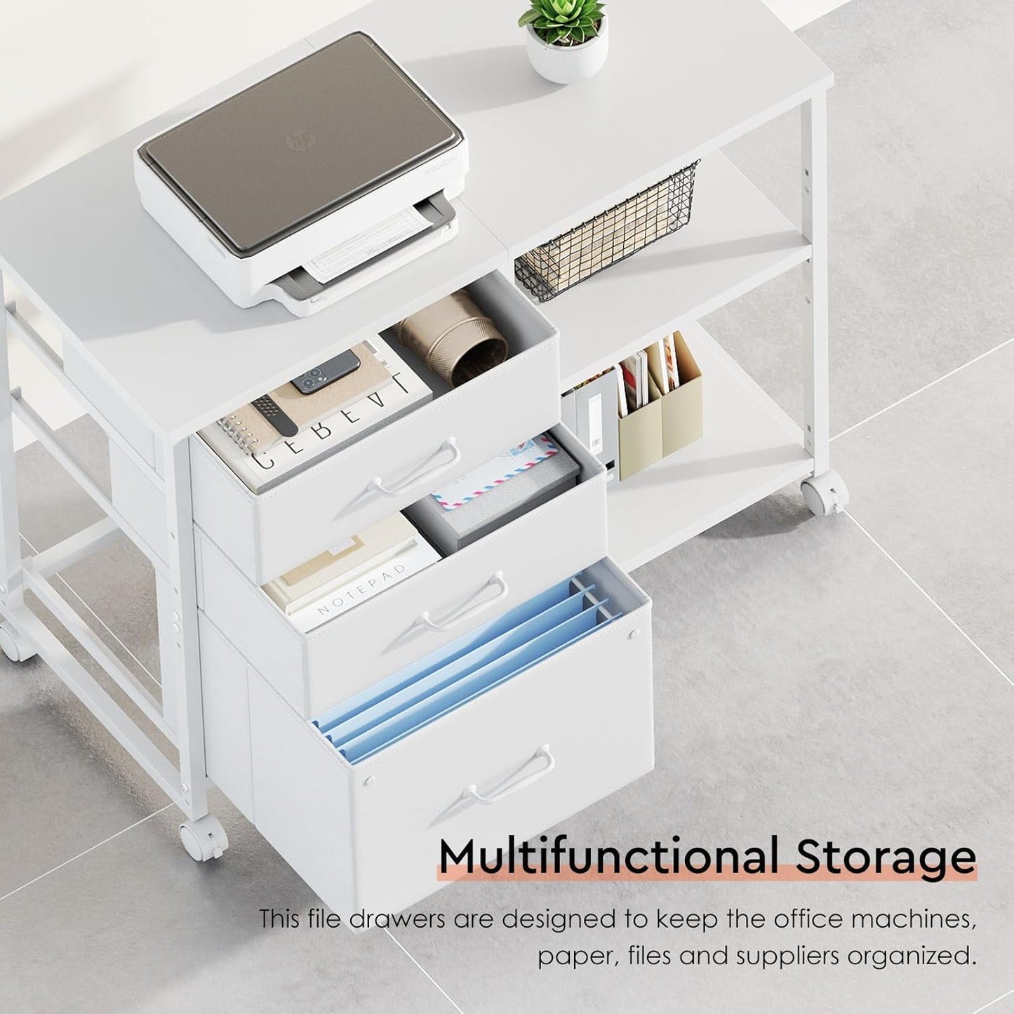 3 Drawer File Cabinet with Wheels Rolling Printer Stand with Open Storage Shelf Fabric Lateral Filing Cabinet for Home Office,White
