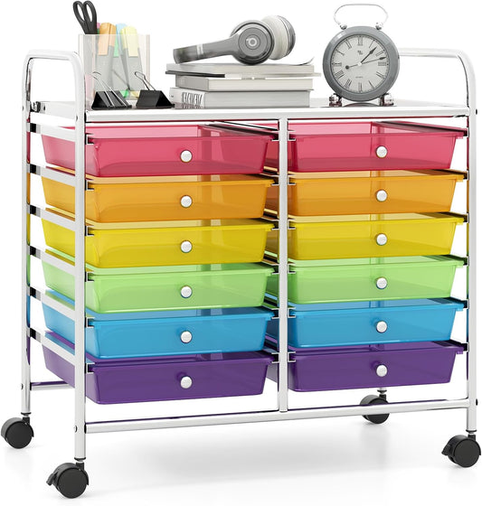 Giantex 12 Drawers Rolling Cart, Mobile Storage Drawer Cart, Classroom Organizer Cart for Office School Supplies Tools Scrapbook Paper Craft Small Printer, Utility Cart on Wheels, Rainbow