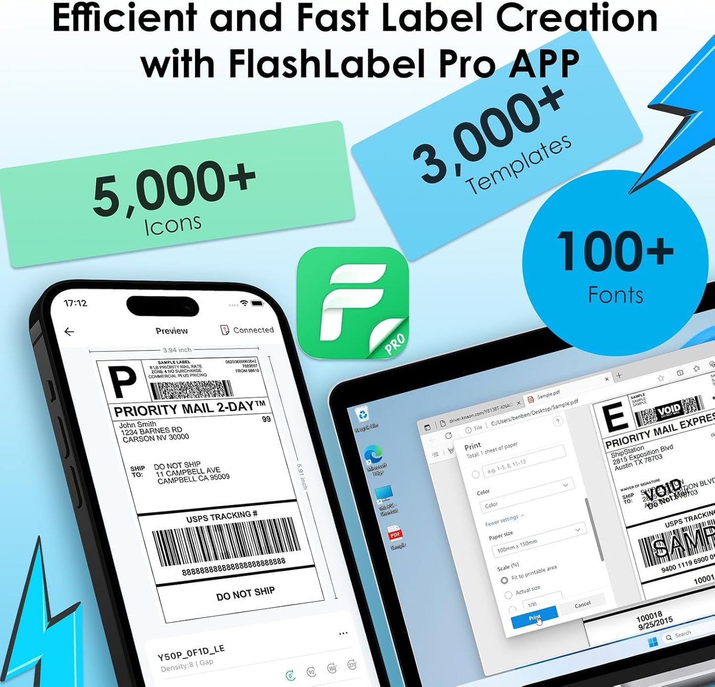 Shipping Thermal Label Printer, 4x6 Portable Label Printer, Bluetooth Label Maker for Small Business, Support iPhone,Android,Windows,Mac,Chromebook,Works with USPS, Ebay,Shopify&More, Black