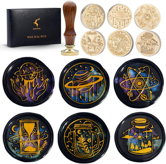 Wax Seal Stamp Kits, 6 pcs Wax Stamp Brass Head & 1 Wooden Handle, 6 Designs (Magic Hourglass/Planet/Space/Magic Forest/Mason Jar)