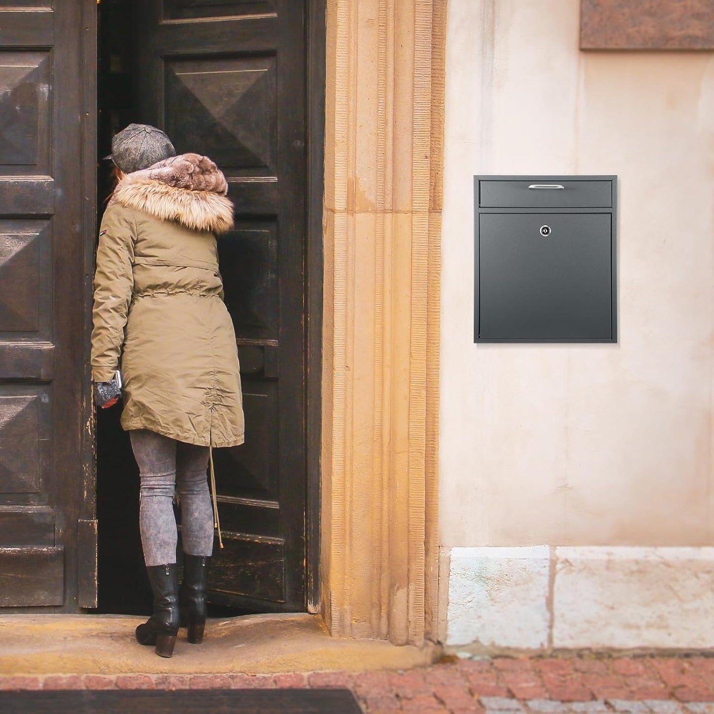 Locking Mailbox with Key for Outdoor 12 x 10.5 x 4.7 Inches Large Wall Mount Mail Box with Lock Security Mail Drop Metal Collection Boxes Hanging Secure Postbox(Dark Gray)