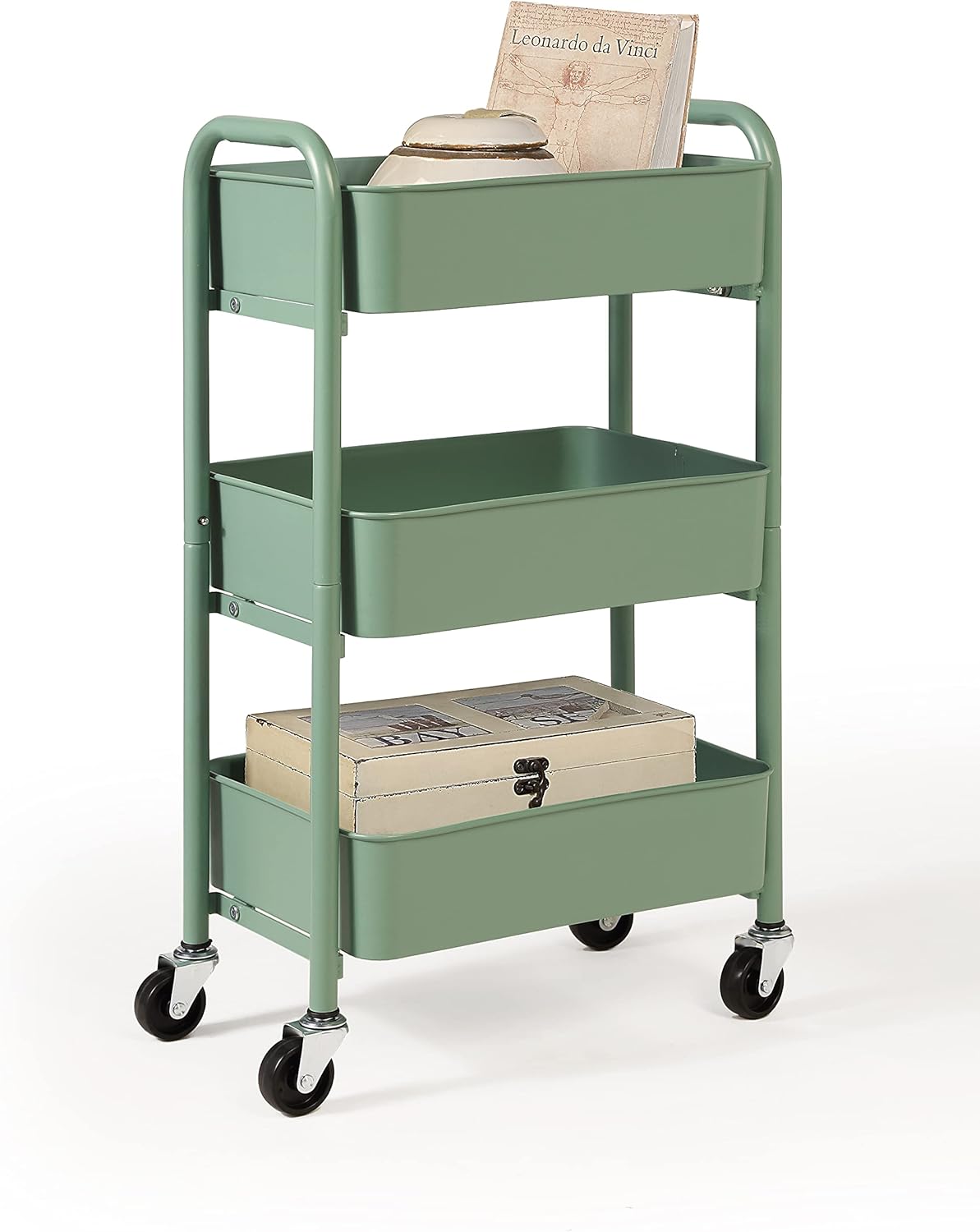 SunnyPoint 3-Tier Delicate Compact Rolling Metal Storage Organizer - Mobile Utility Cart Kitchen/Under Desk Cart with Caster Wheels - Turq (15.35" X 10.24" X 26.8"H)