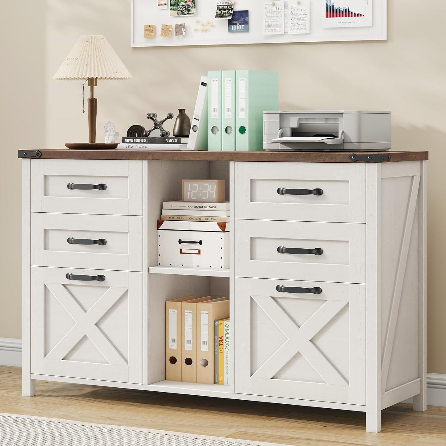 Lateral File Cabinet with 6 Drawers, Farmhouse Filing Cabinet for Letter/A4 Size, Wood File Storage Cabinets Printer Stand with Open Storage Adjustable Shelf for Home Office Cabinets, Rustic White