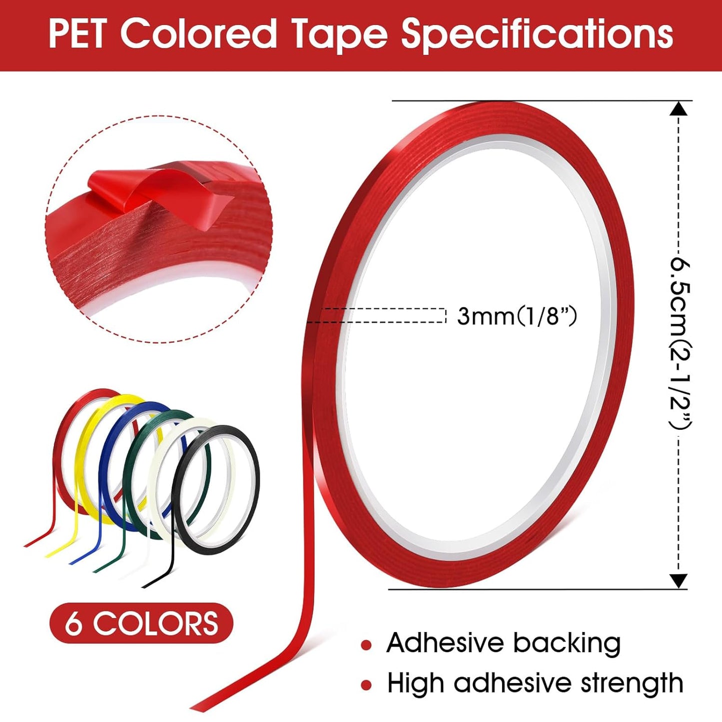6 Rolls 1/8 Whiteboard Tape - Thin Dry Erase for Art, Charts & Whiteboards - Pinstripe Paper Tape, 108 Feet per Roll (6 Colors)