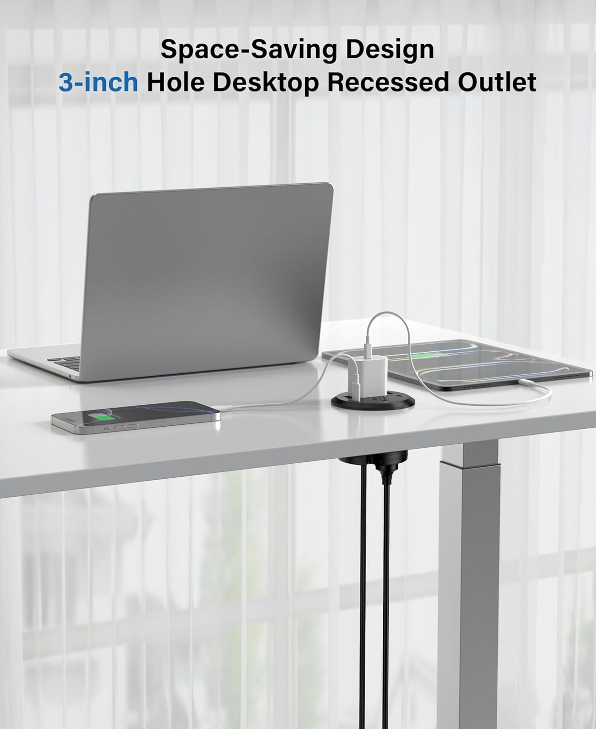 Jgstkcity Power Strip,Flush Mount Recessed Power Grommet,65W USB C Fast Charging,3-Inch Hole, 4 Outlets & 4 Ports, Ideal for Desktop & Countertop Outlet,Dual-Sided (Black, 6FT)