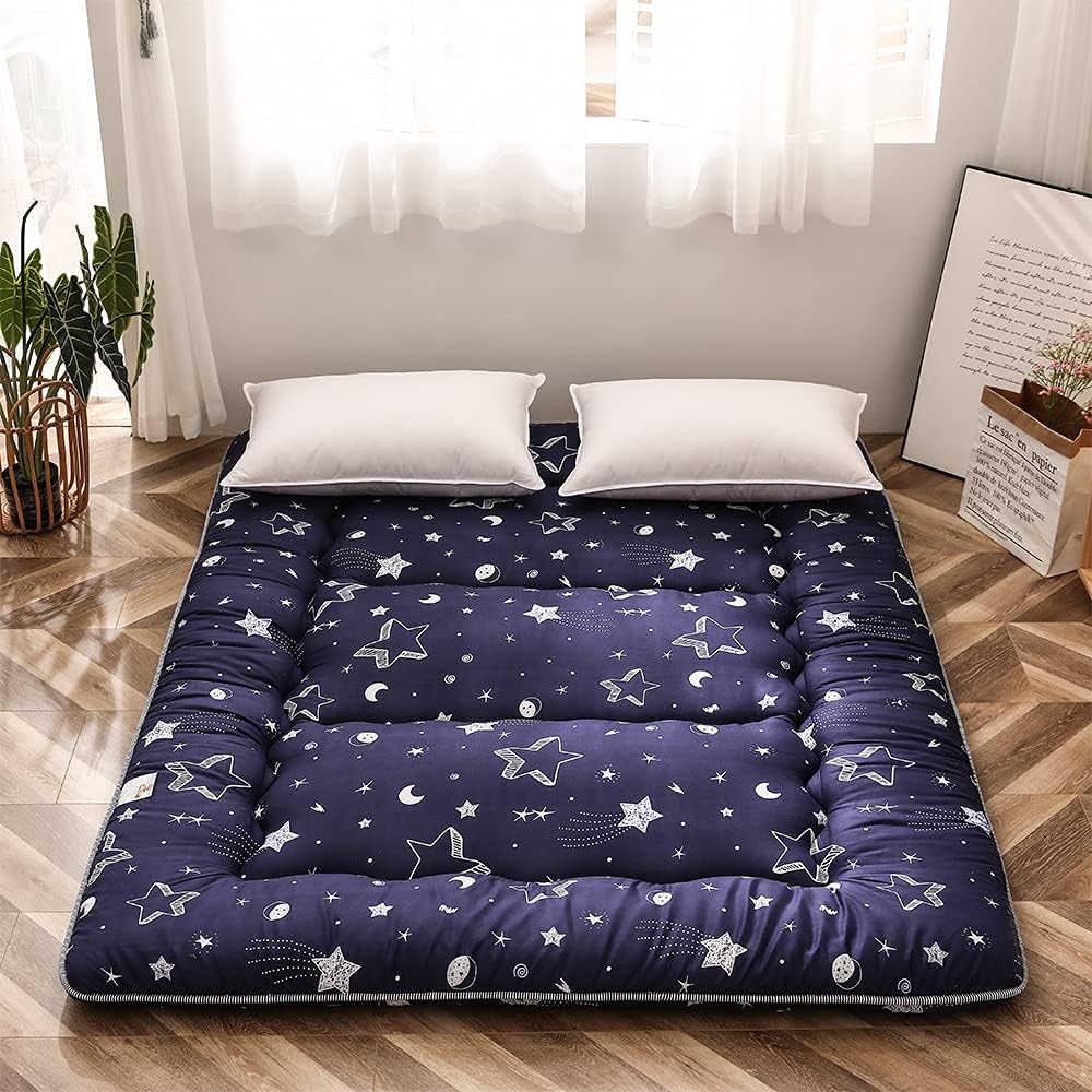 MAXYOYO Navy Star Futon Mattress Japanese Floor Mattress Tatami Floor Mat Foldable Bed Portable Camping Mattress Kids Sleeping Pad Floor Lounger Couch Bed Queen Size