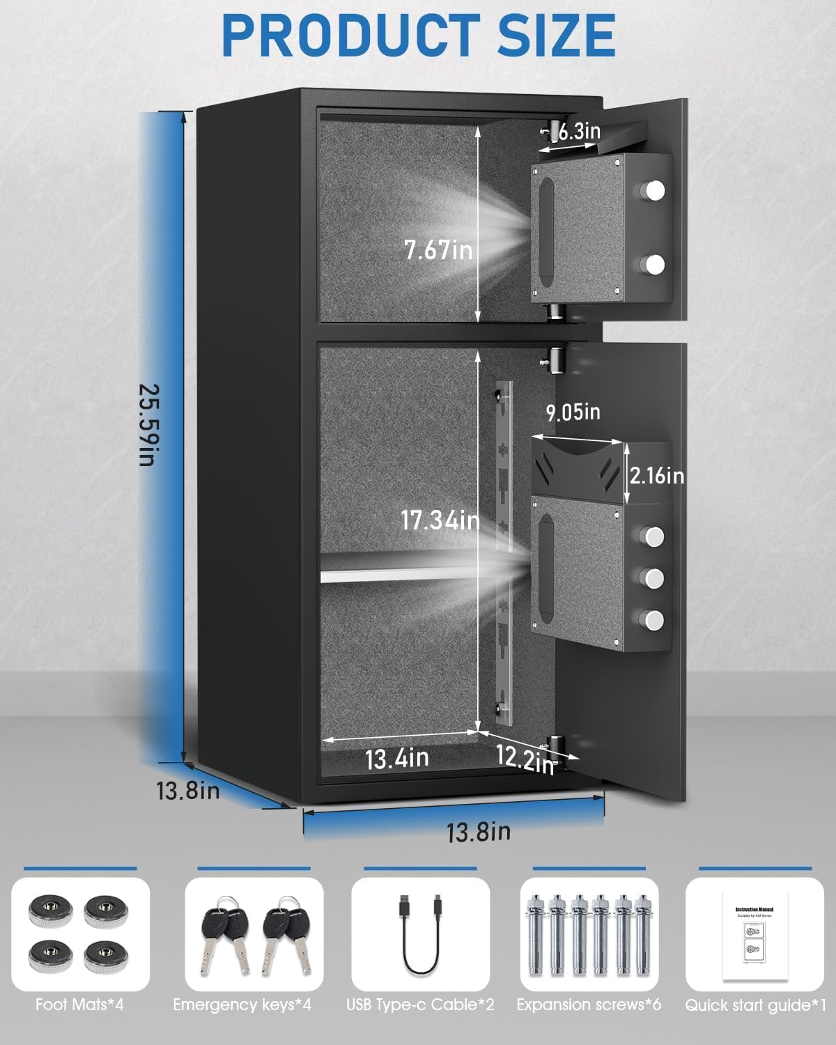 6.0 Cu ft Large Safe Box Fireproof Waterproof,with LED Light fire proof safe for home documents,Fingerprint password personal Safes with Deposit Slot & Dual Alarm System，Security Box fo Valuables