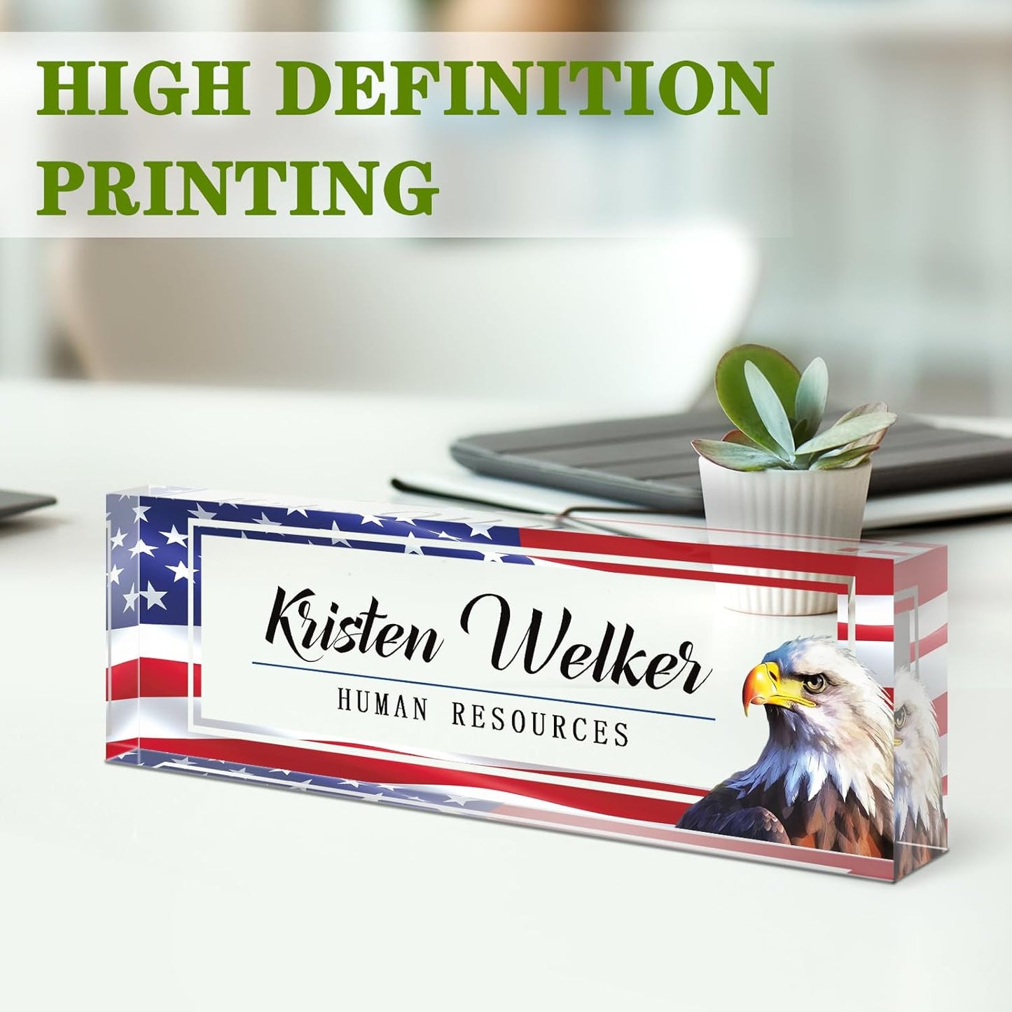 Name Plate for Desk, Desk Name Plate Personalized, Office Decor for Women Men, Acrylic Desktop Accessories, Office Appreciation Gifts for Boss Social Workers Teacher Employee Nurse (Flag B)