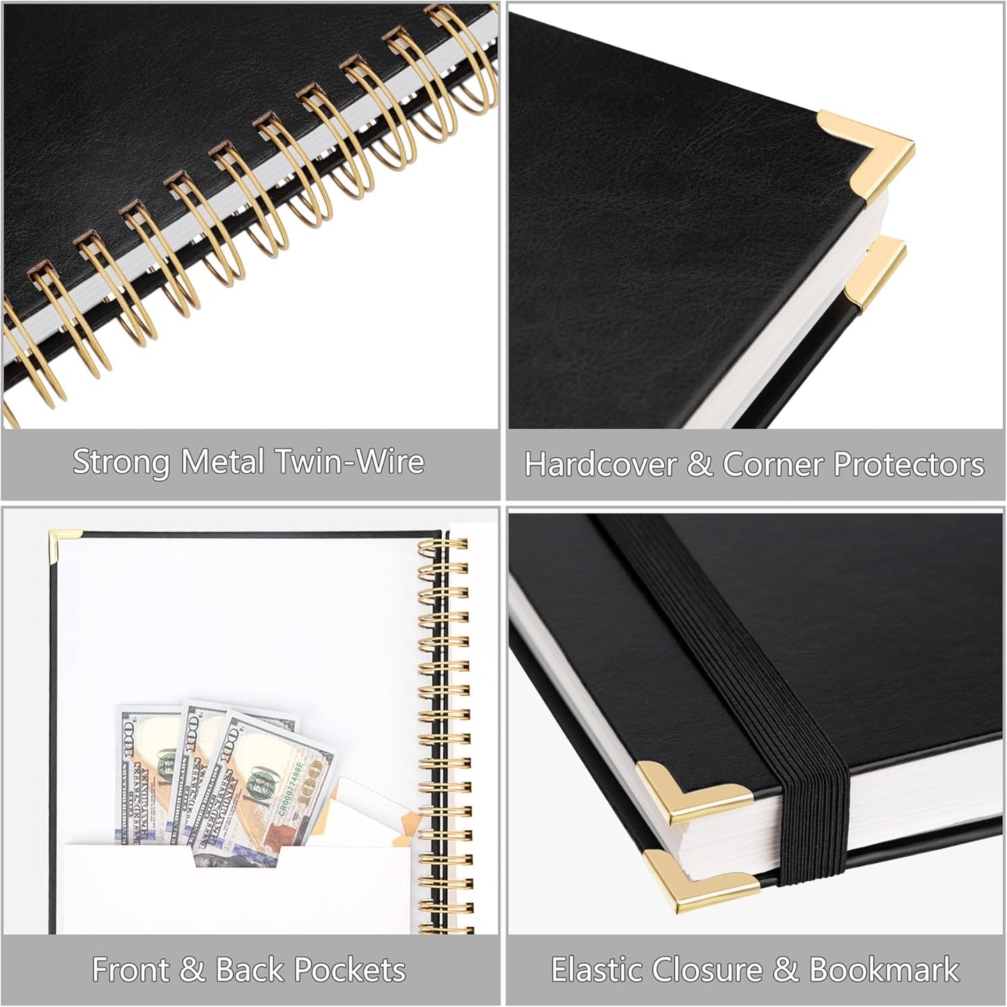 HAUTOCO Spiral Notebook Journal 8.5"x 11", College Ruled Leather Notebook with 320 Pages, 100 GSM Paper, A4 Hardcover Notebook, Lined Journaling Notebooks for Work, Office, School, Business, Black