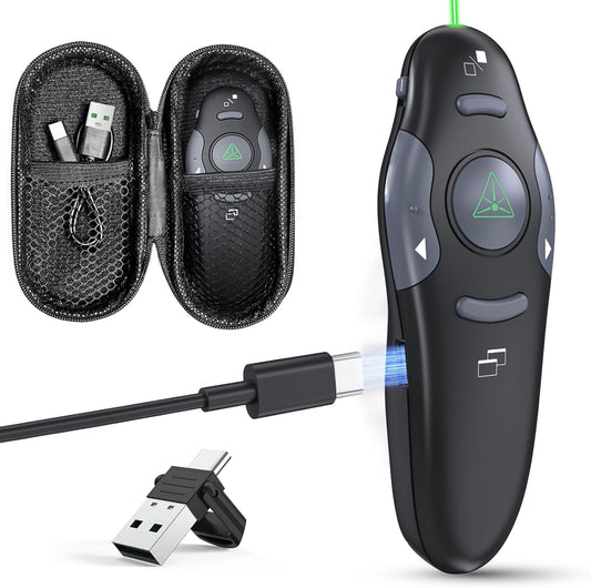 Presentation Clicker with Case Storage Wireless Presenter Remote USB Type C Rechargeable Green Laser Pointer PowerPoint Clickers for Computer Mac Project PPT Slideshow Google Slide Advancer