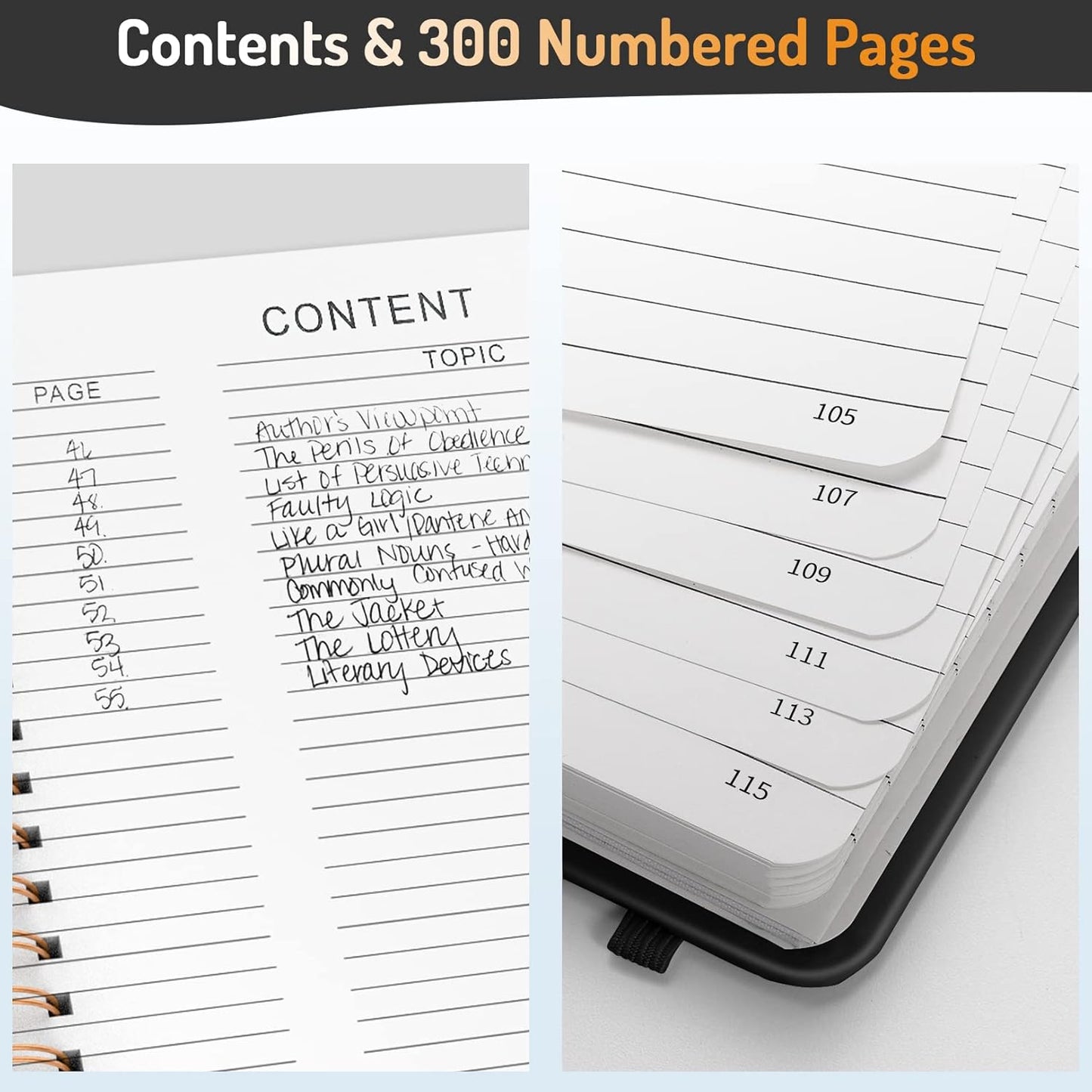 Forvencer A4 Lined Spiral Journal Notebook with 300 Numbered Pages, 11" X 8.5" Thick Journals for Writing with 100GSM Paper, Hardcover Notebooks with Contents for Work, School, Black