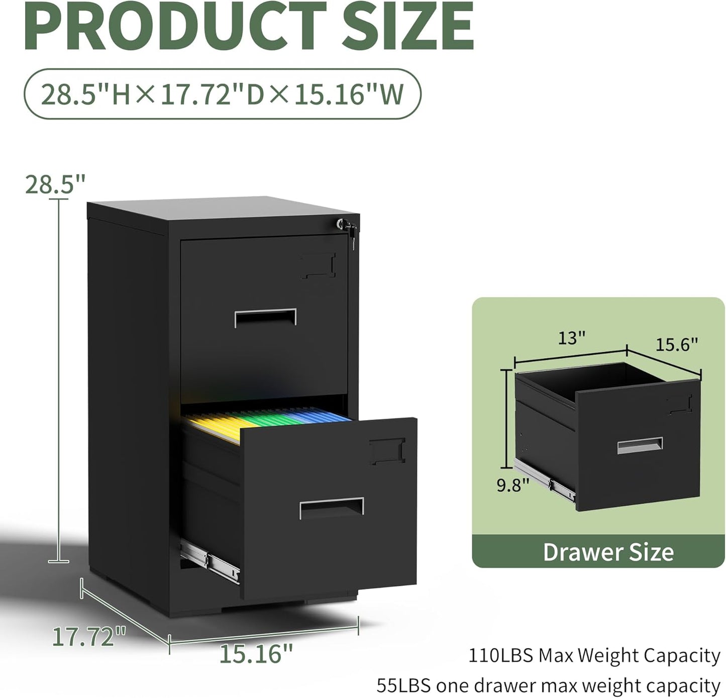 2-Drawer Locking Vertical File Cabinet, Metal Storage Cabinet for Office/Home – Secure Vertical Filing for Letter/Legal/A4/F4 Documents, Easy to Assemble Steel Cabinet (Black, 2 Drawer-15W)