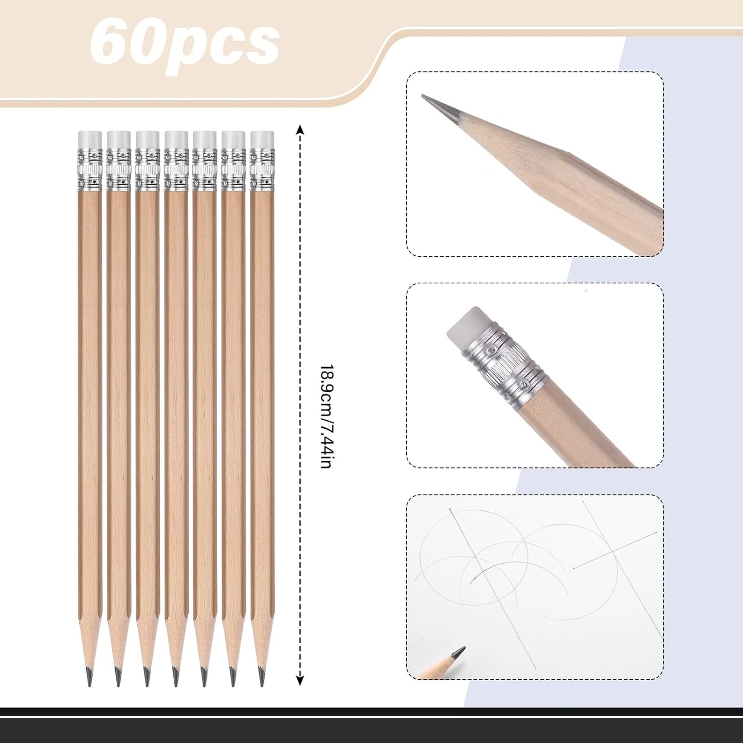 TecUnite 60 Pcs HB Pencils #2 Unsharpened Wood Cased Pencils with Eraser Hexagonal Pencil Cute Graphite No 2 Pen for Adults Gifts Exam School Office Sketching Learning (Wood Color, Silver)