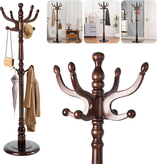 Solid Wood Coat Stand, Freestanding with Stable Base, 70" Birch Coat Tree Organizer for Home, Bedroom, Office, Hallway & Entryway with 11 Hooks