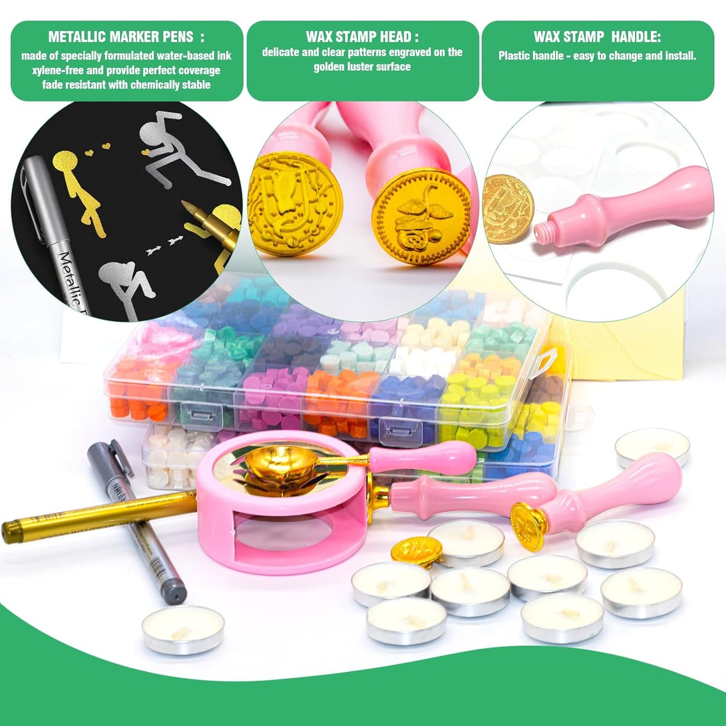 1551Pcs Wax Seal Stamp Kit Contains 48 Colors Sealing Wax Beads, Wax Seal Stamps, Sealing Wax Warmer, Silicone Wax Seal Mat, Metallic Pen, Envelope for Adhesive Waxing DIY Craft Gift