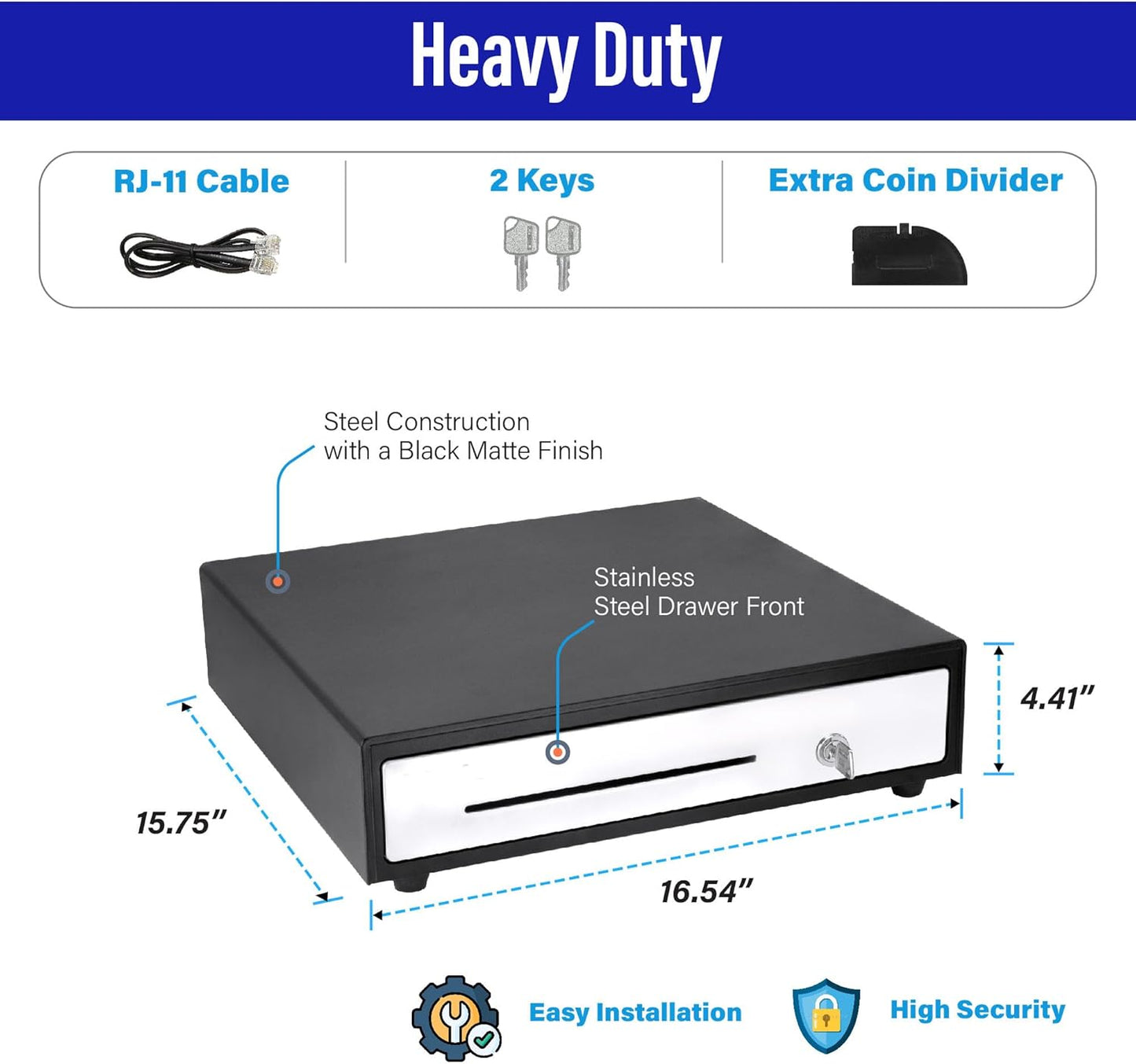 SAM4s 16" "Stainless Steel" Front Heavy Duty Black POS Cash Drawer with 5Bill/5Coin
