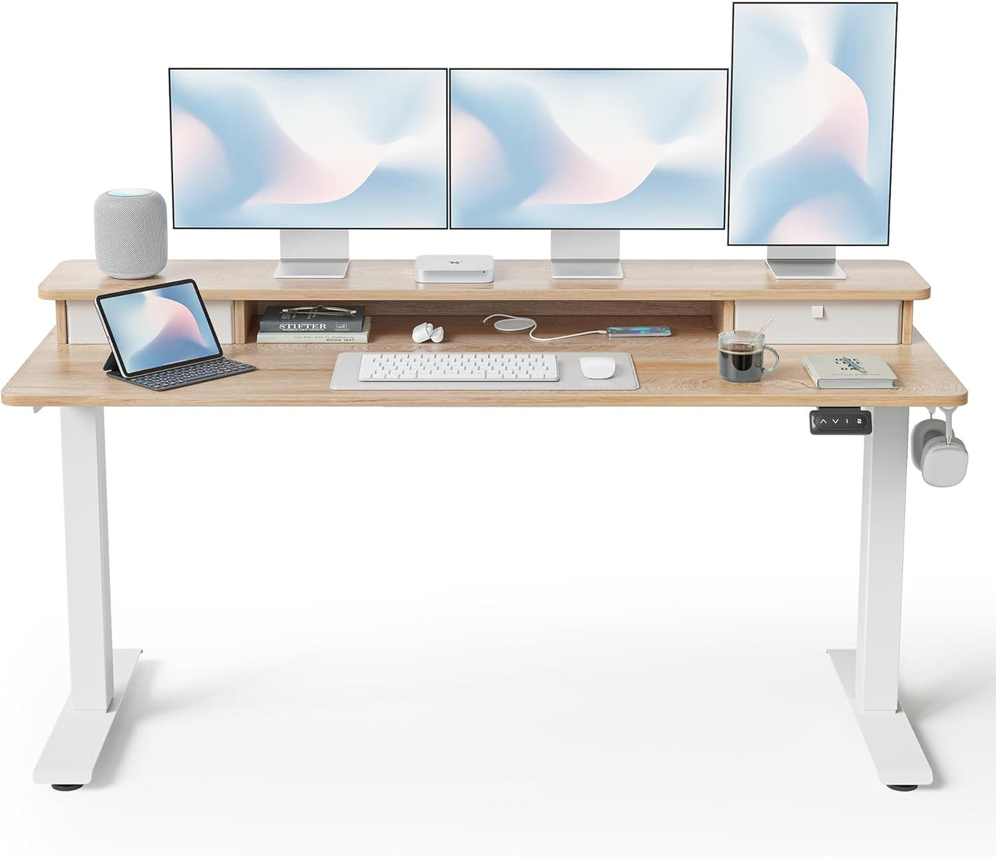 FEZIBO 60 x 24 Inch Height Adjustable Electric Standing Desk with Double Drawer, Computer Desk, Home Office Stand Up Table with 4 Height-Adjustable Feets & 2 Hooks, Maple