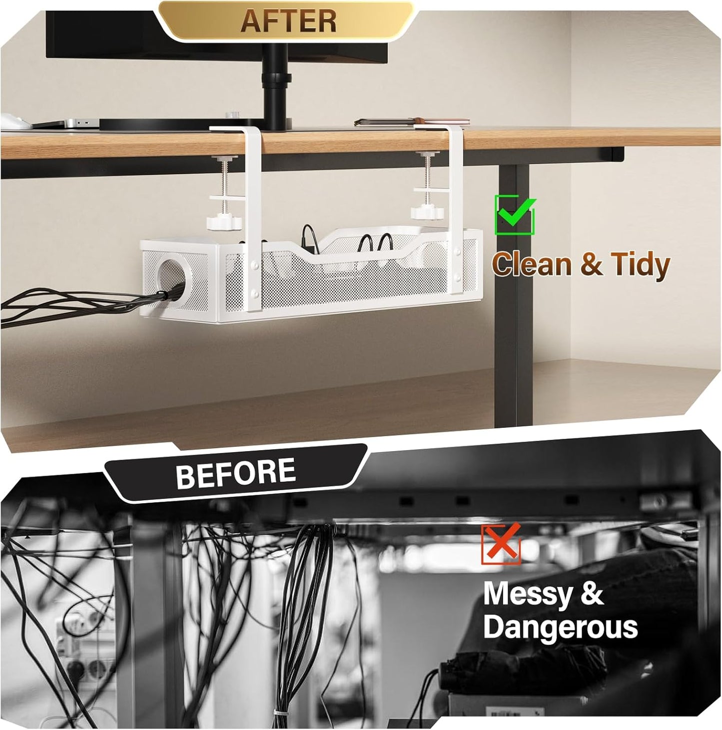 [Upgraded] 2 Pack Under Desk Cable Management Tray, Cinati Cord Organizers for Table Thickness up to 3", 16" Wire Organization with Clamp No Drill, Cable Management Box for Office - No Damage to Desk