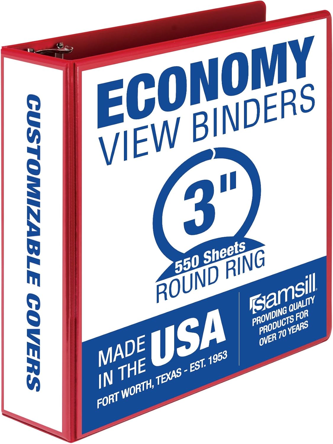 Samsill 3 Inch 3 Ring Binder, Made in USA, Economy Round Ring, Clear View Cover, 550 Sheet Capacity - for School, Home, Office - Ruby Red