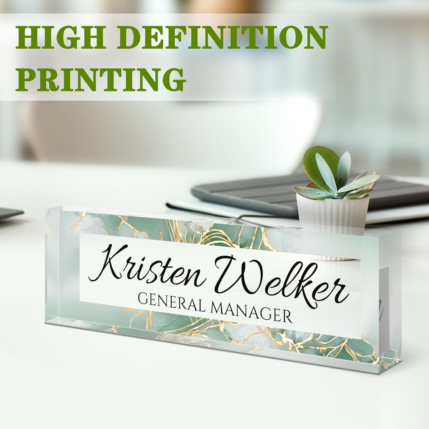 Name Plate for Desk, Desk Name Plate Personalized, Office Decor for Women Men, Acrylic Desktop Accessories, Office Appreciation Gifts for Boss Social Workers Nurse Teacher Employee (Green/Gold)