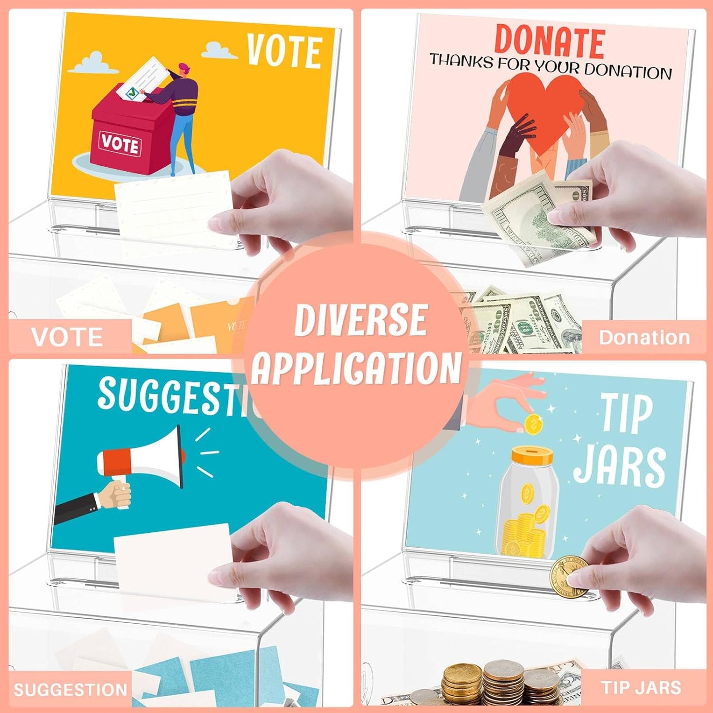 Clear Donation Box with Lock & Sign Holder, Versatile for Fundraising, Ballot Voting, Suggestions, and Tips Jar, Secure Storage Design, Size 6.2x4.6x4.0 Inch, Clear 1 Pack