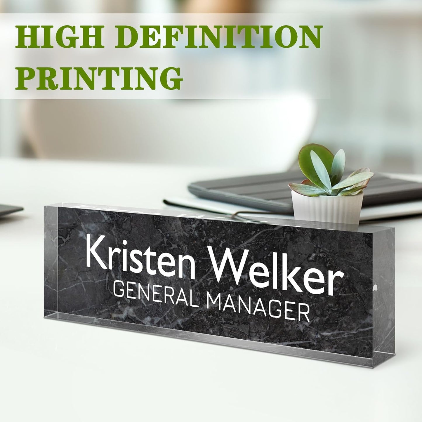 Gowellly Desk Name Plate Personalized - Custom Acrylic Name Plate for Desk - Enterprise Custom Logo/Text nameplates - Employee Appreciation Gifts (Black Marble)