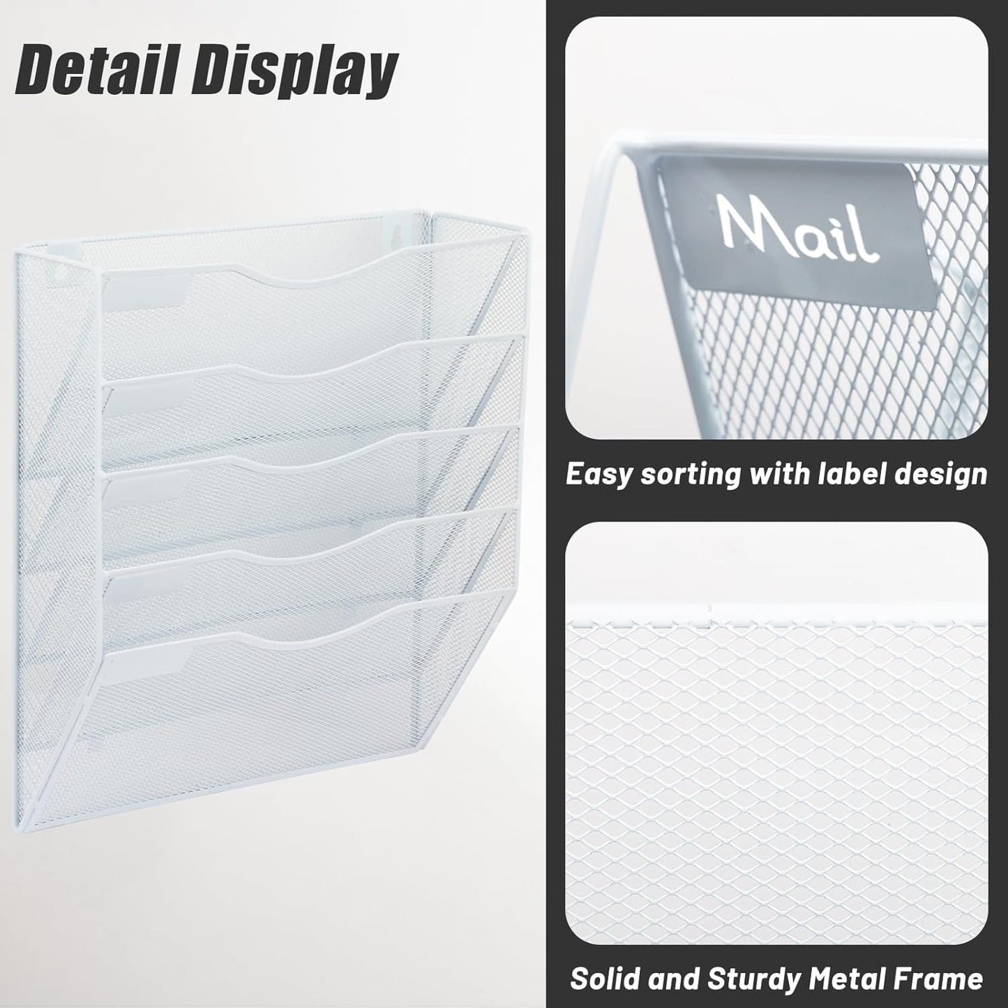 EASEPRES 5 Pocket Mesh Hanging Wall File Organizer, Wall Mounted Mail Paper Document Folder Holder, Clipboard Storage Organization Magazine Rack with Nametag Label for Office Home School, White