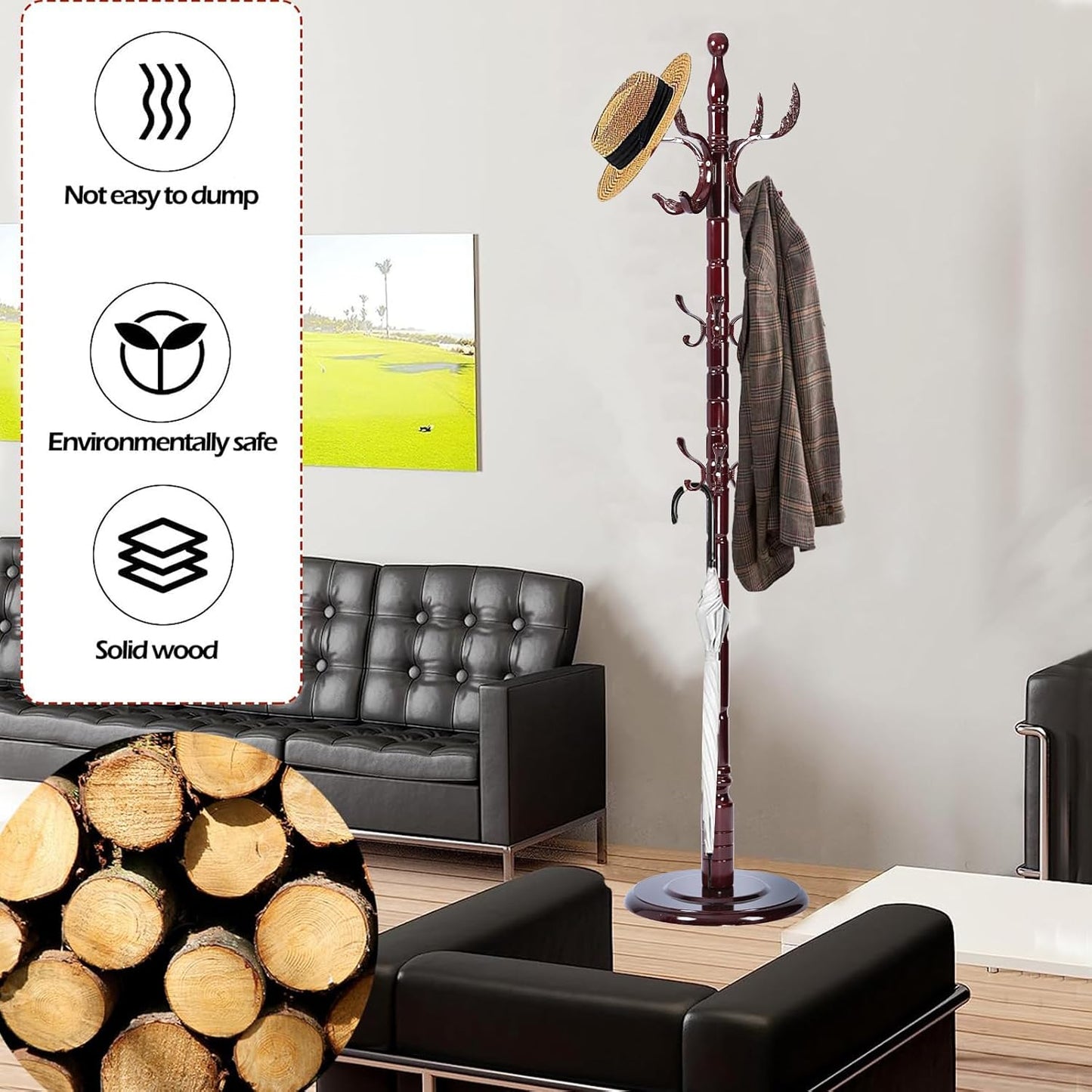 Coat Racks Free Standing with 14 Hooks, Natural Wood Coat Stands for Entryway, Adjustable Height 72 in Tree Coat Rack Stand for Hallway Home Office Bedroom (Mahogany Phoenix)