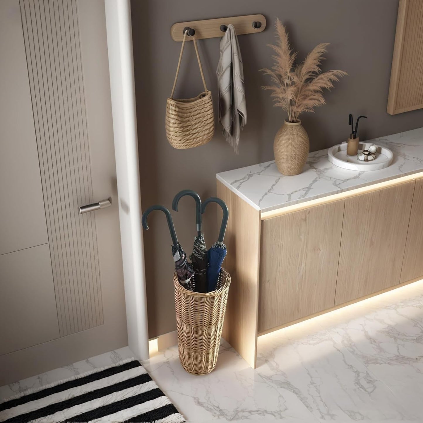 Wicker Umbrella Stand, Umbrella Holder for Entryway with Detachable Drip Tray and 2 Metal Hooks, Storage for Umbrellas & Canes, 9.4L x 9.4W x 21.2H, Home Decor.