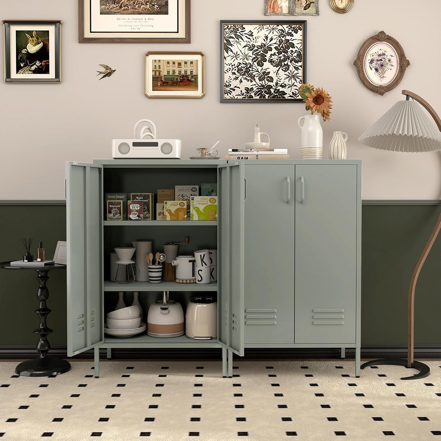 Metal Cabinet,Entryway Cabinet with Adjustable Shelves,Metal Storage Cabinet for Classroom,Living Room,Kitchen,Outdoor,Grey Green