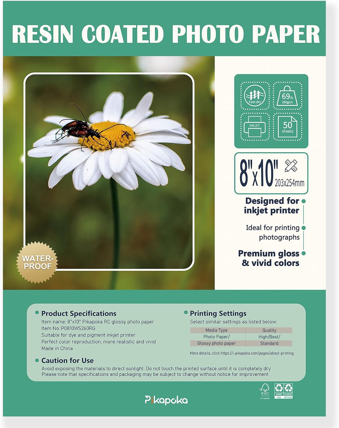 Ultra-Premium Glossy RC Photo Paper, Professional and Heavyweight Metallic Resin Coated Photo Paper, Pigment and Dye Inkjet Printer Suitable, Waterproof, 8x10, 50 Pack