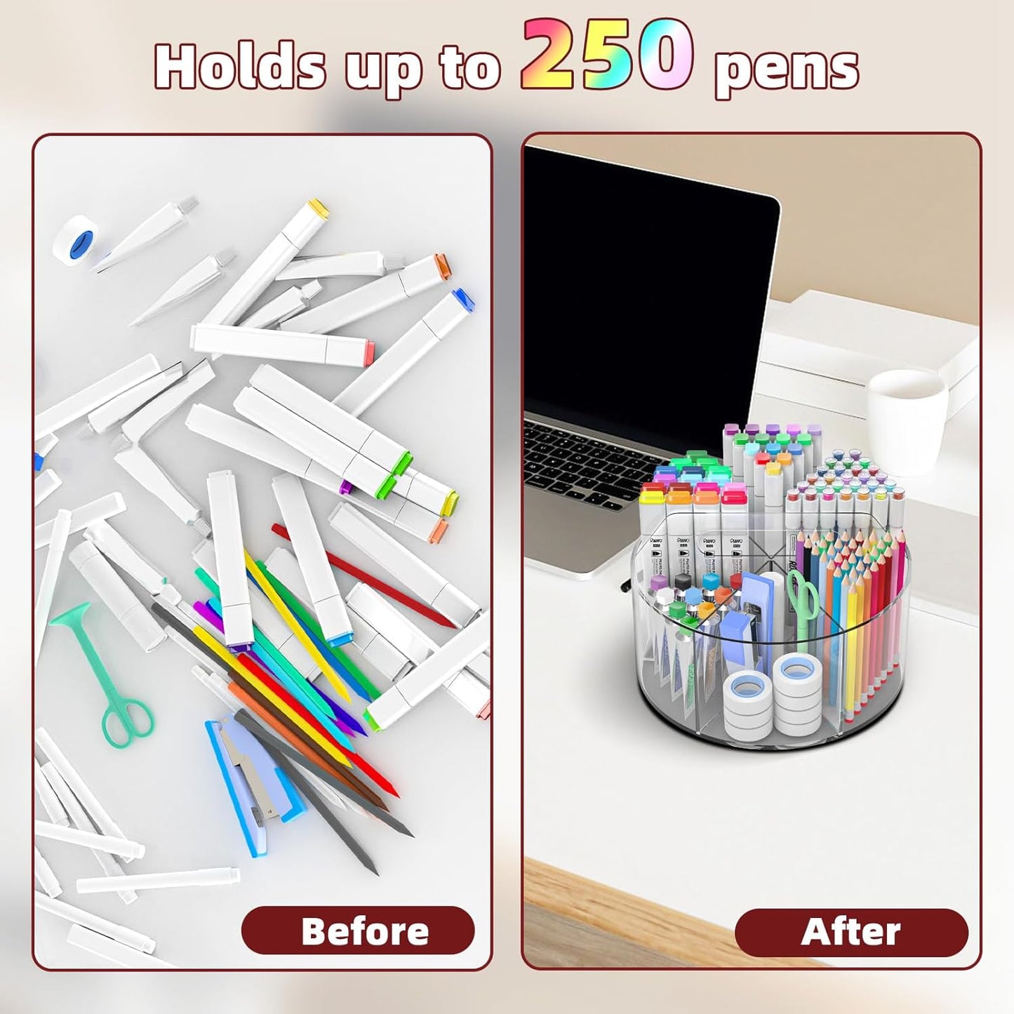 Absonic 2 Pack Acrylic Pen Organizer, 360 Rotating Clear Colored Pen and Pencil Crayon Marker Holder Caddy for Desk, Desktop Storage and Organizer for School Art Supplies